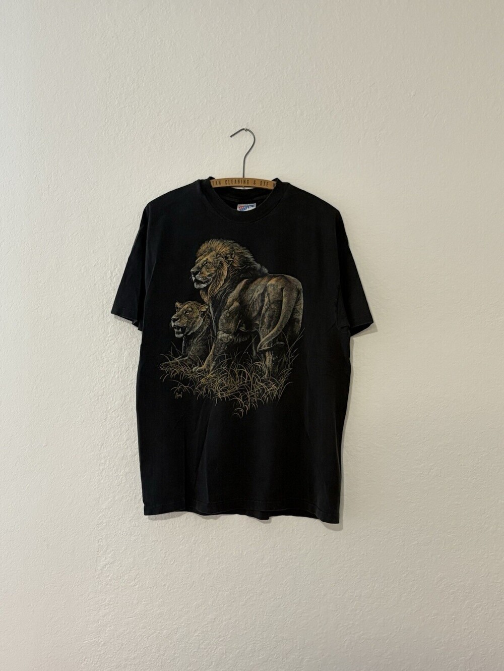Vintage Lion Art T-Shirt Size L Black Animal Nature Safari Cub Wildlife Africa